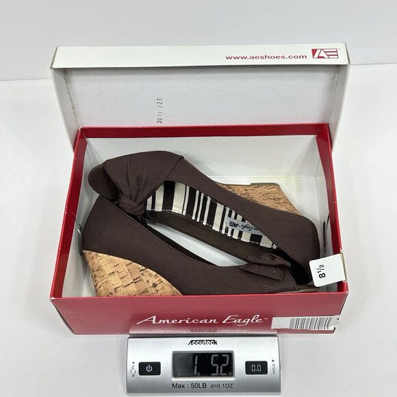 American Eagle Brown Fabric Peep Toe Cork Wedge Heel Shoes 8.5 Bow Classic - Picture 11 of 11